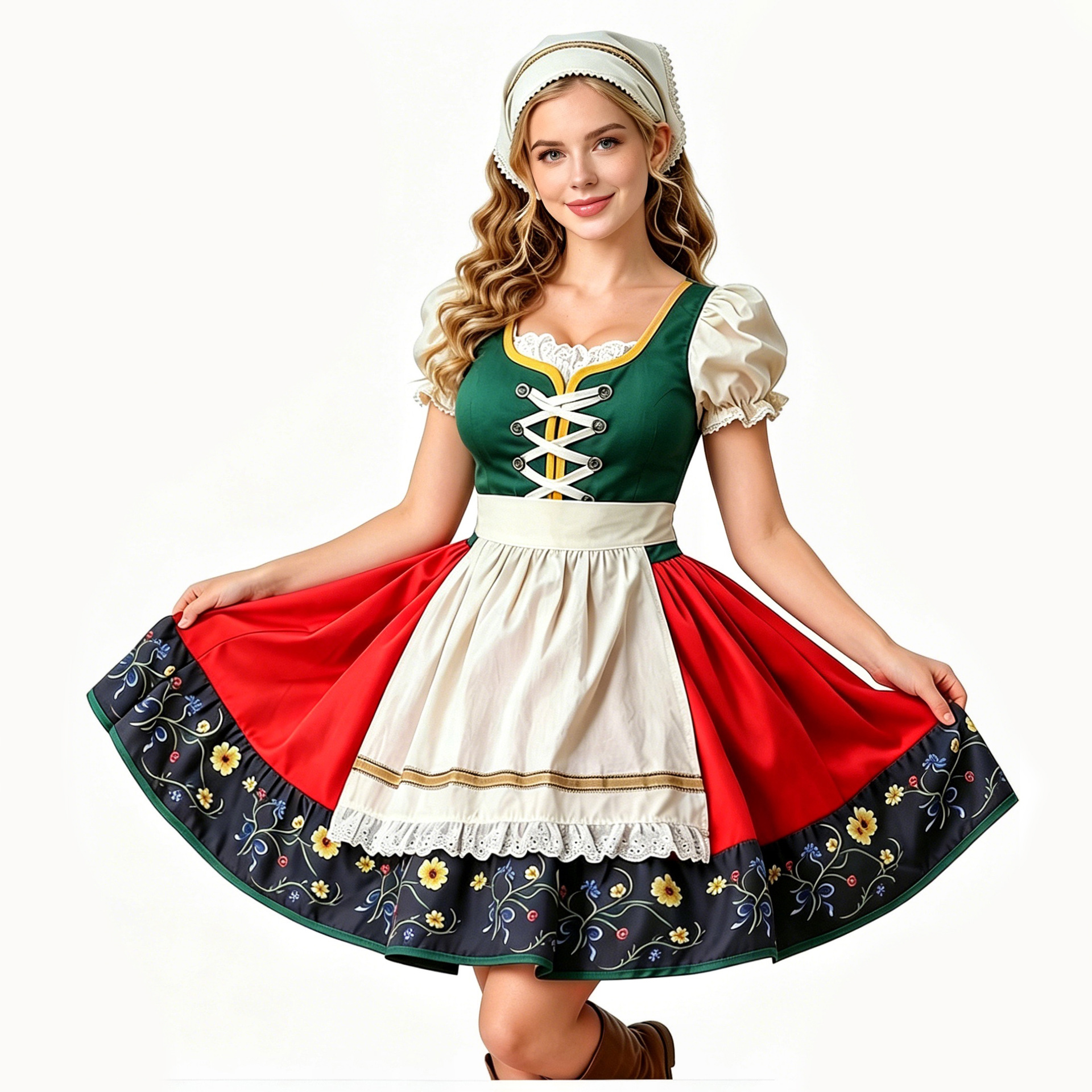 Plus Size Dirndl Dress Bavarian Oktoberfest Costume Floral Print Apron Dress